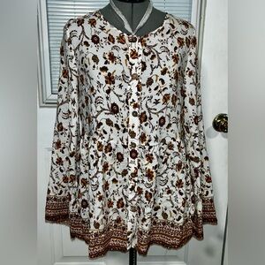 Women's White Floral Tunic brown, red and yellow accents